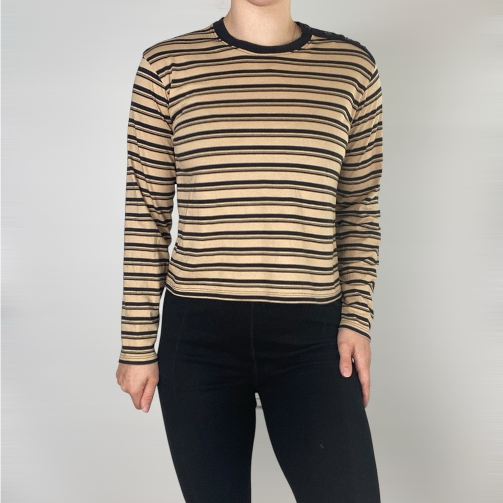 ATM Womens‎ Stripe Pima Cotton Long Sleeve Boy Tee Button Crop